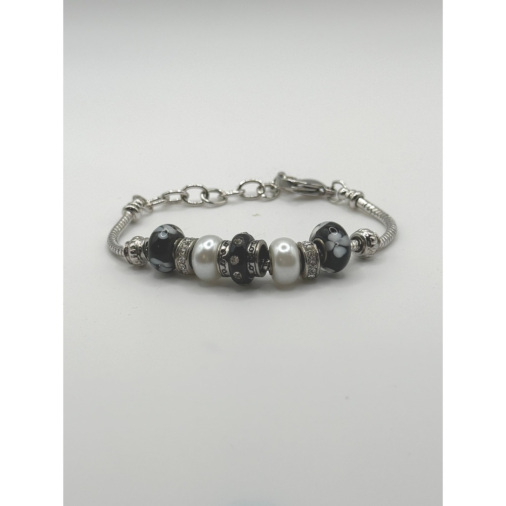 Bella Perlina Beaded Charm Bracelet Black White Silver With Original Box